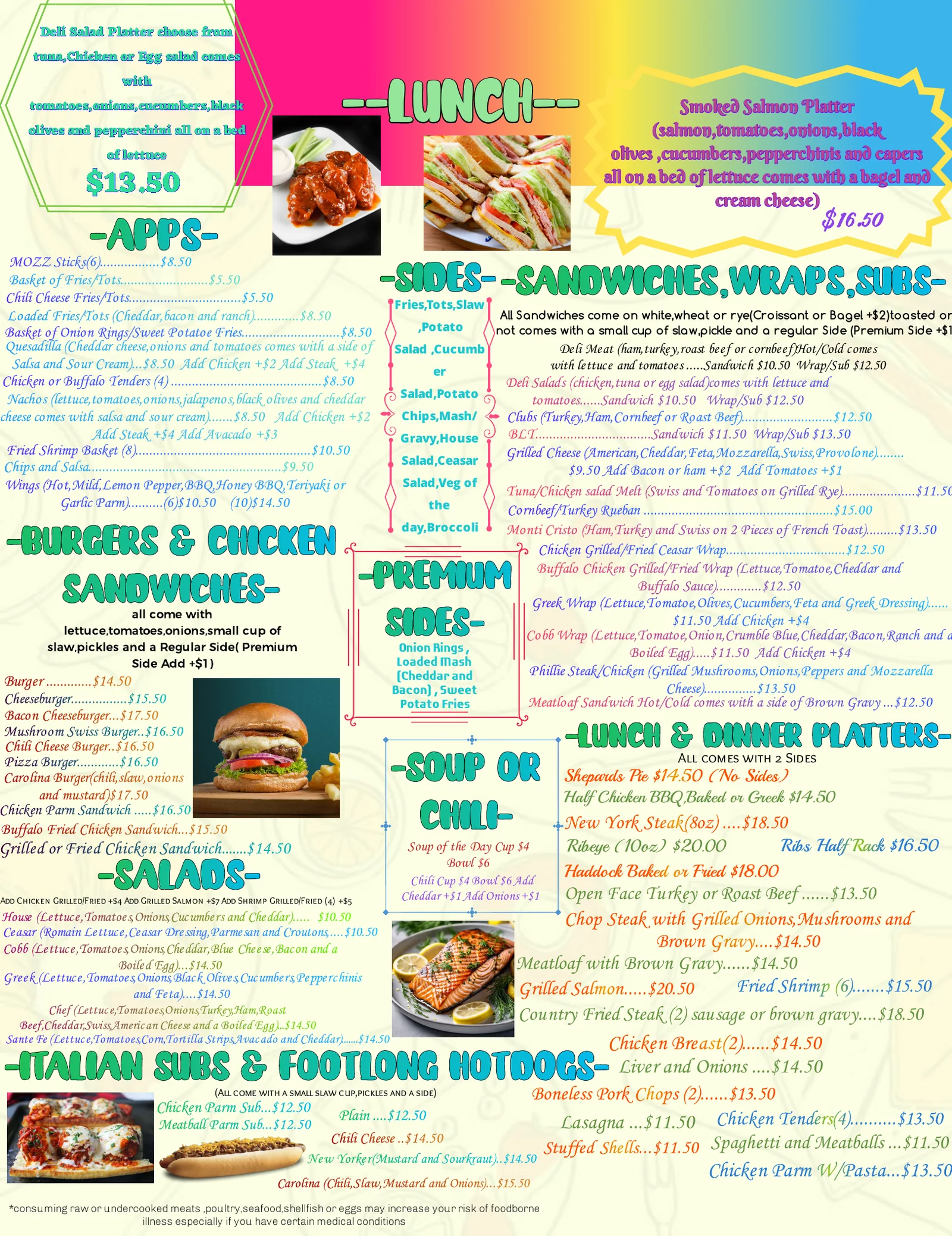 Courtyard Cafe in-store menu, page 2 — lunch: burgers, sandwiches, wraps, salads, sides